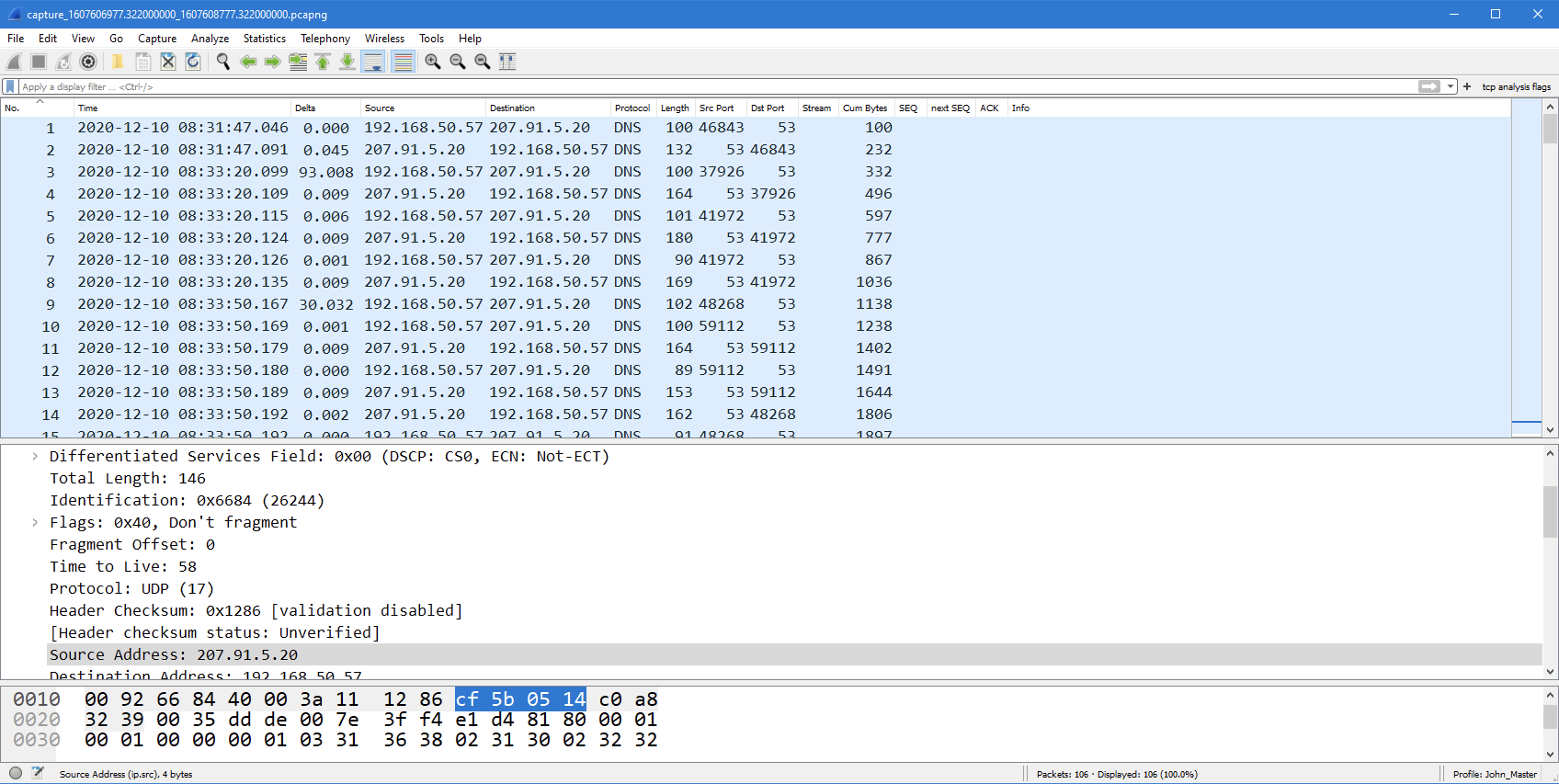 Filtered PCAP export from IOTA shown in Wireshark